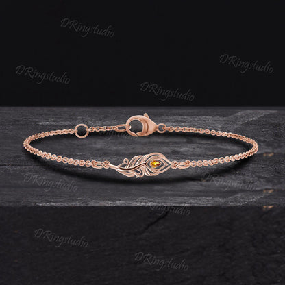 14k Rose Gold Feather Bracelet Vintage Pear Shaped Natural Citrine Bracelet Gold Bridal Bracelet Boho Wedding Jewelry Birthday Gift for Her