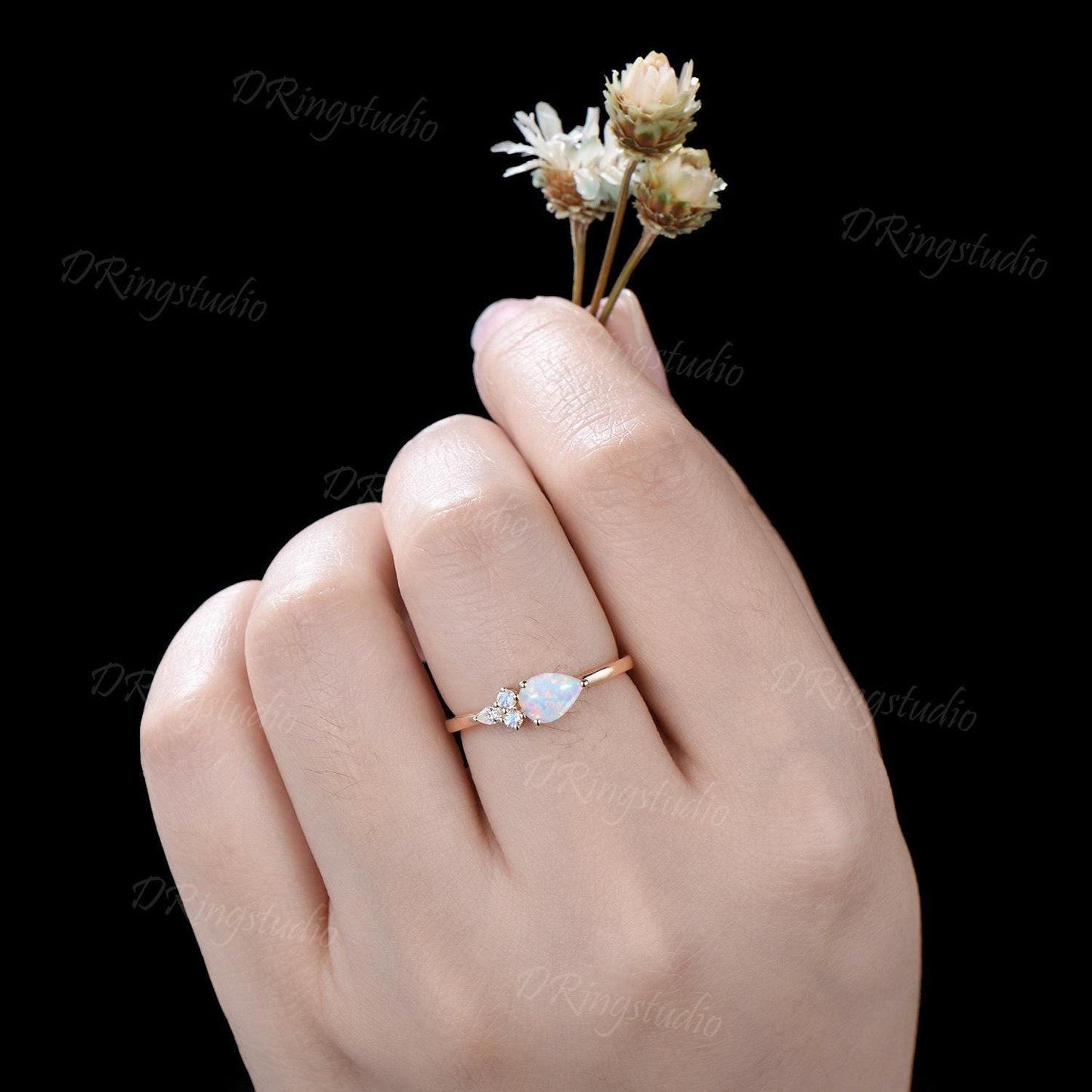 14k Gold Pear Shaped White Opal Engagement Ring Unique Opal Moonstone Ring Fire Opal Plain Band October Birthstone Minimalist Wedding Ring