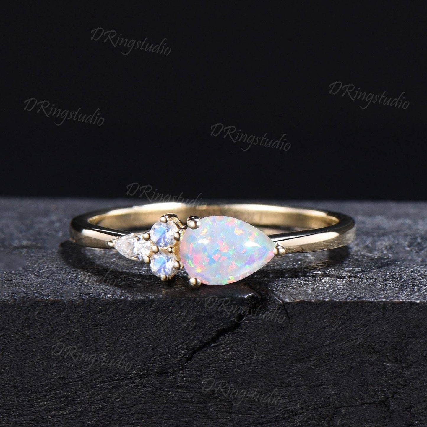 14k Gold Pear Shaped White Opal Engagement Ring Unique Opal Moonstone Ring Fire Opal Plain Band October Birthstone Minimalist Wedding Ring