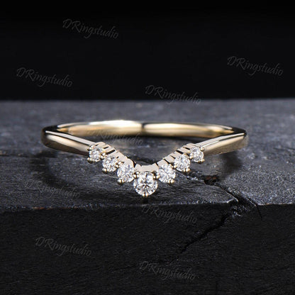 14k Solid Gold Curved Wedding Band 7 Stone Round Moissanite Diamond Band Chevron Matching Bridal Ring Minimalist Band Proposal Gift for Her