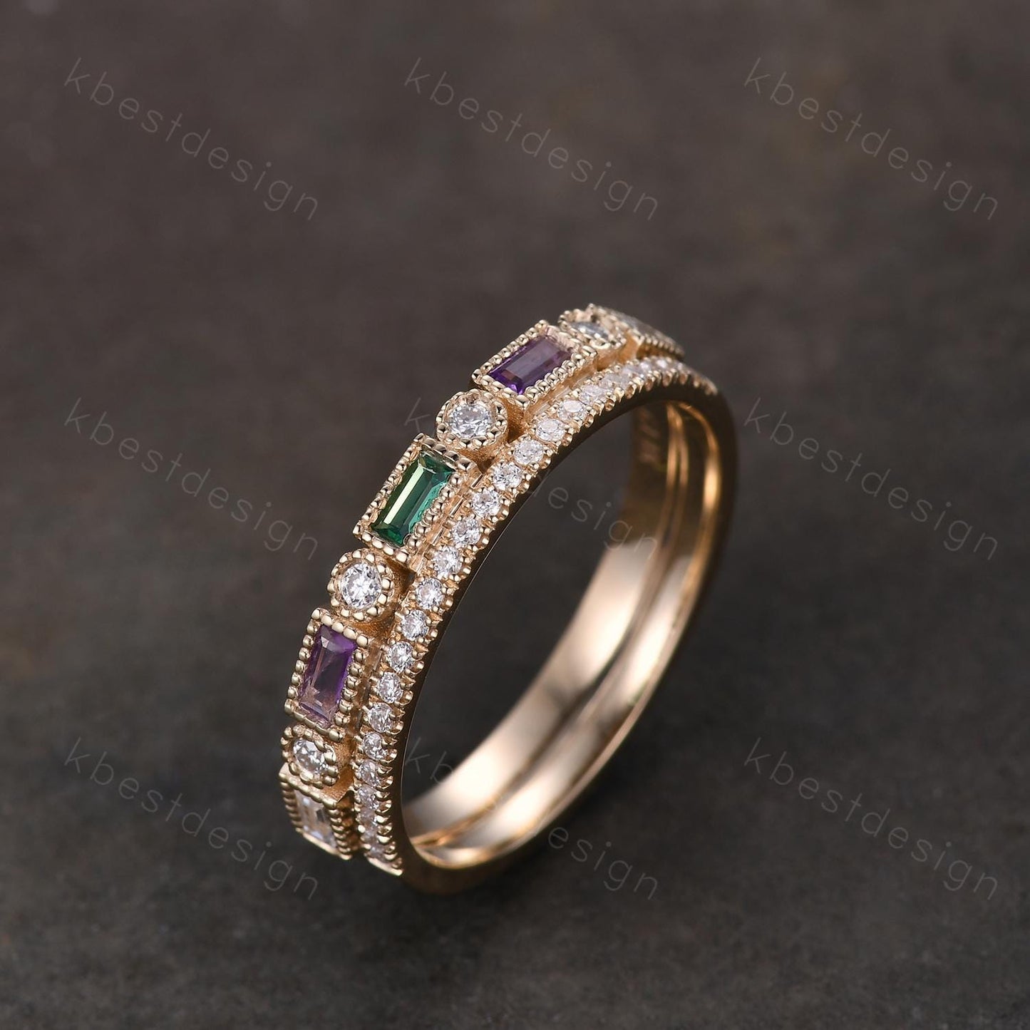 Vintage Moissanite wedding band women Baguette cut Emerald and Amethyst band Yellow gold band Unique Stacking Matching bridal promise ring