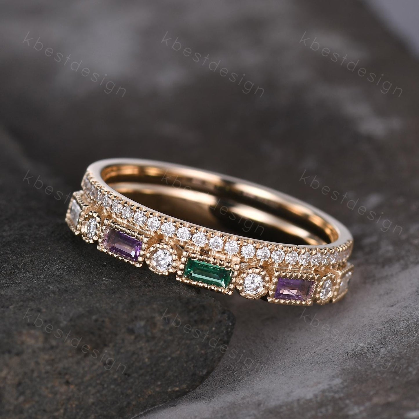 Vintage Moissanite wedding band women Baguette cut Emerald and Amethyst band Yellow gold band Unique Stacking Matching bridal promise ring