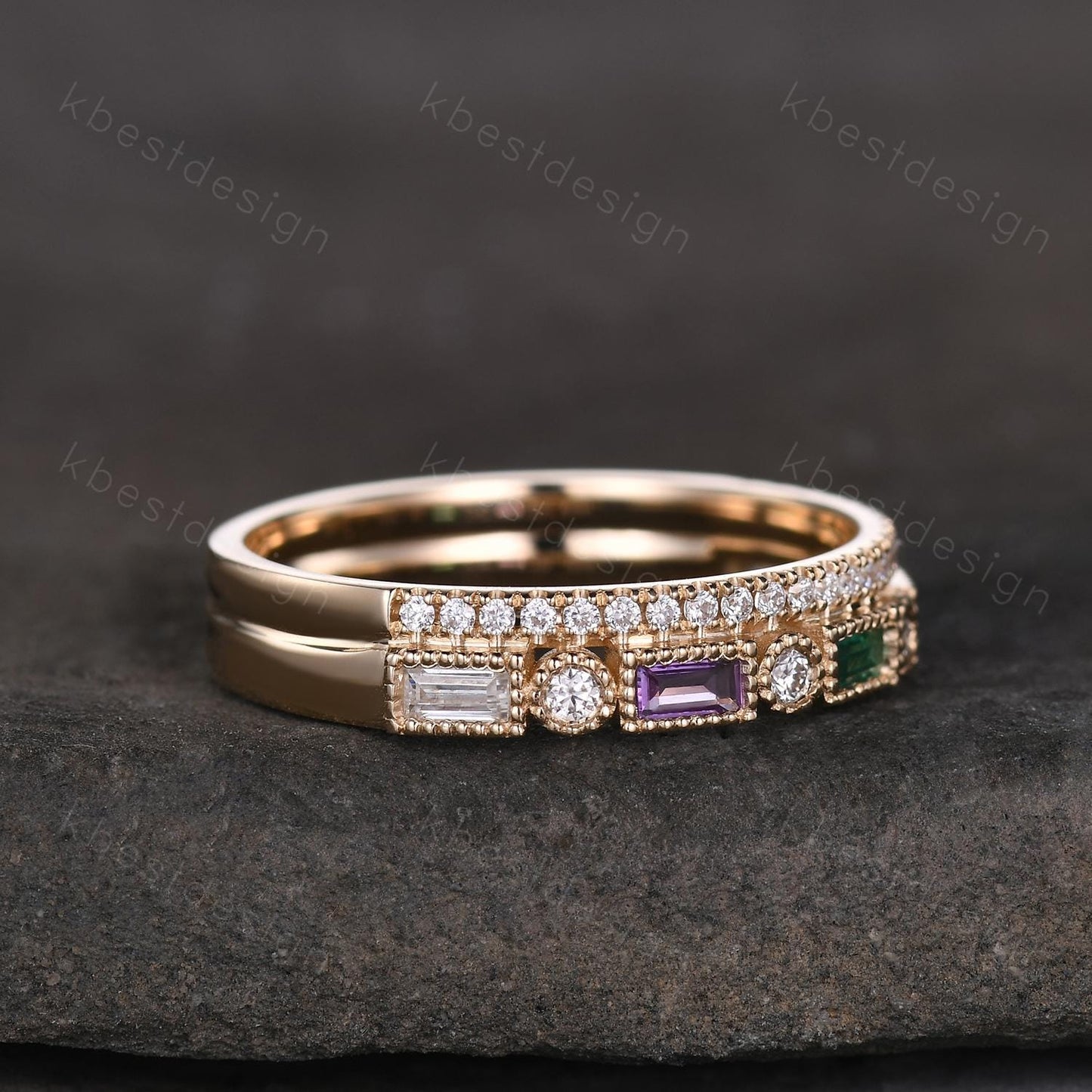 Vintage Moissanite wedding band women Baguette cut Emerald and Amethyst band Yellow gold band Unique Stacking Matching bridal promise ring