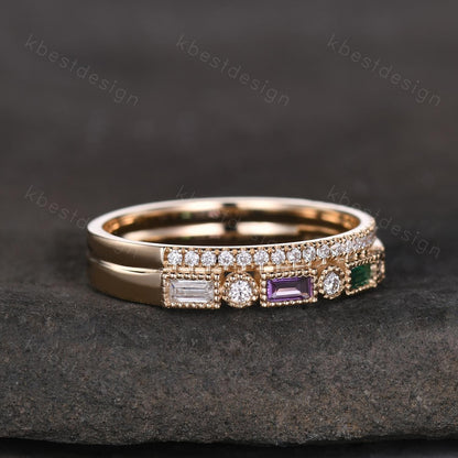 Vintage Moissanite wedding band women Baguette cut Emerald and Amethyst band Yellow gold band Unique Stacking Matching bridal promise ring