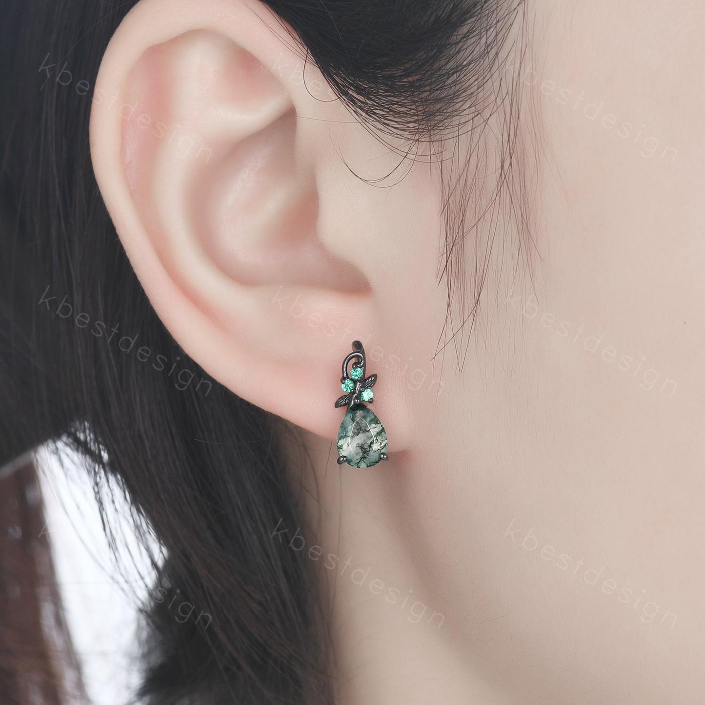Nature inspired moss agate earrings women black gold earring studs teardrop earrings art deco green agate studs anniversary gift for her