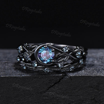 Moon Star Color-Change Alexandrite Engagement Ring Set Black Gold Round Alexandrite Wedding Ring Black Branch Leaf Bridal Set Proposal Gift