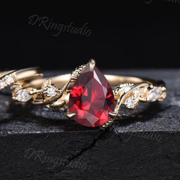 14k Gold Teardrop Garnet Engagement Ring Leaf Vine Natural Garnet Wedding Ring Nature Inspired Red Gemstone Bridal Ring Set Anniversary Gift