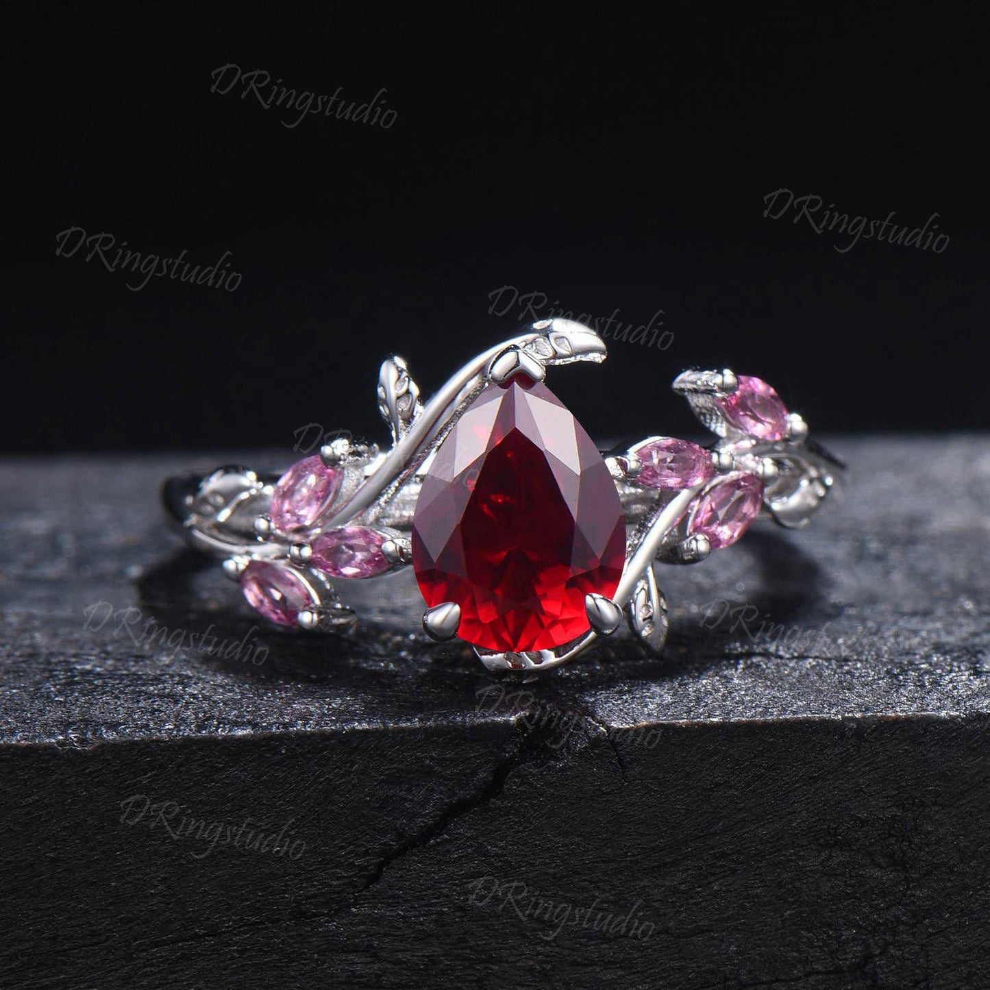 Teardrop Ruby Engagement Ring Nature Inspired Leaf Branch Promise Ring 14k Rose Gold Cluster Pink Tourmaline Wedding Ring Anniversary Gift