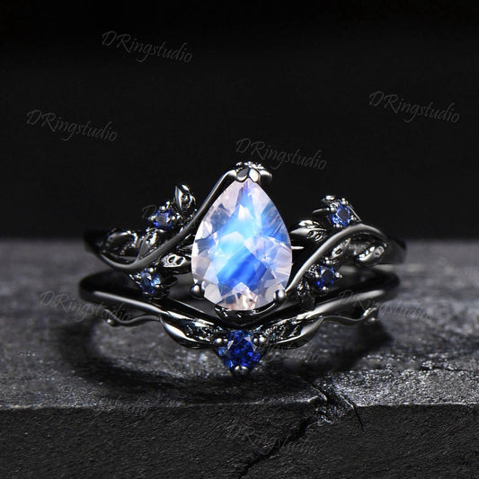 Black Leaf Natural Moonstone Engagement Ring Set Branch Vine Teardrop Rainbow Moonstone Wedding Ring Gothic Black Gold Blue Gemstone Ring