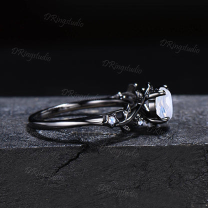 Unique 1ct Rose Cut Natural Rainbow Moonstone Engagement Ring Black Moon Leaf Blue Moonstone Wedding Ring Gothic Black Gold Twig Leaf Ring