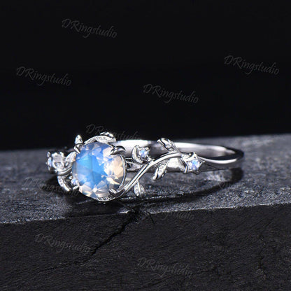 Unique 1ct Rose Cut Natural Rainbow Moonstone Engagement Ring Black Moon Leaf Blue Moonstone Wedding Ring Gothic Black Gold Twig Leaf Ring