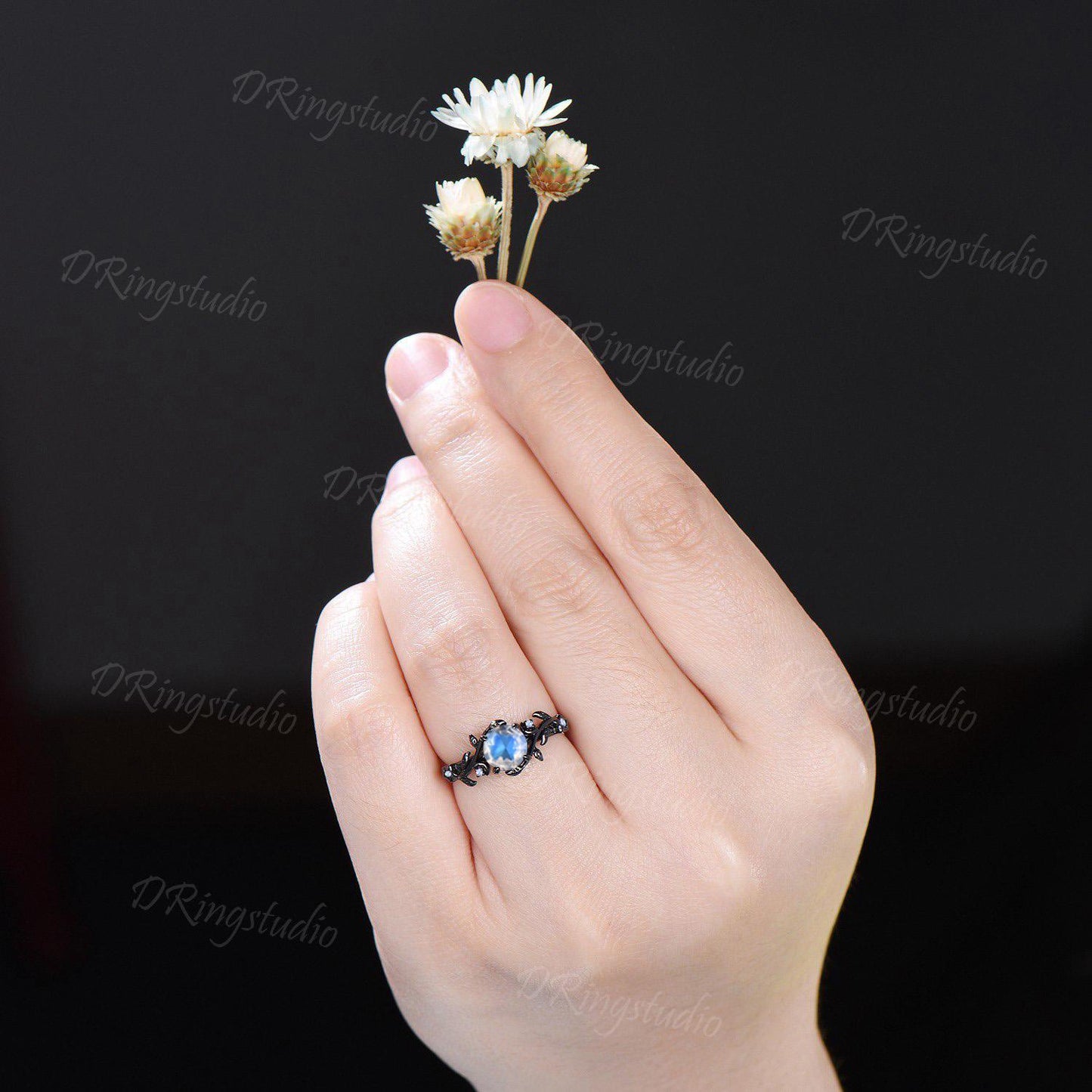 Unique 1ct Rose Cut Natural Rainbow Moonstone Engagement Ring Black Moon Leaf Blue Moonstone Wedding Ring Gothic Black Gold Twig Leaf Ring