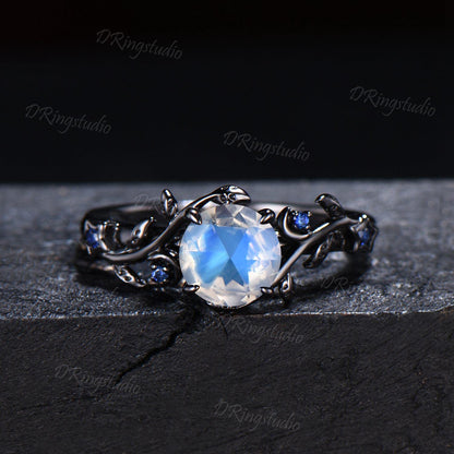 Unique 1ct Rose Cut Natural Rainbow Moonstone Engagement Ring Black Moon Leaf Blue Moonstone Wedding Ring Gothic Black Gold Twig Leaf Ring