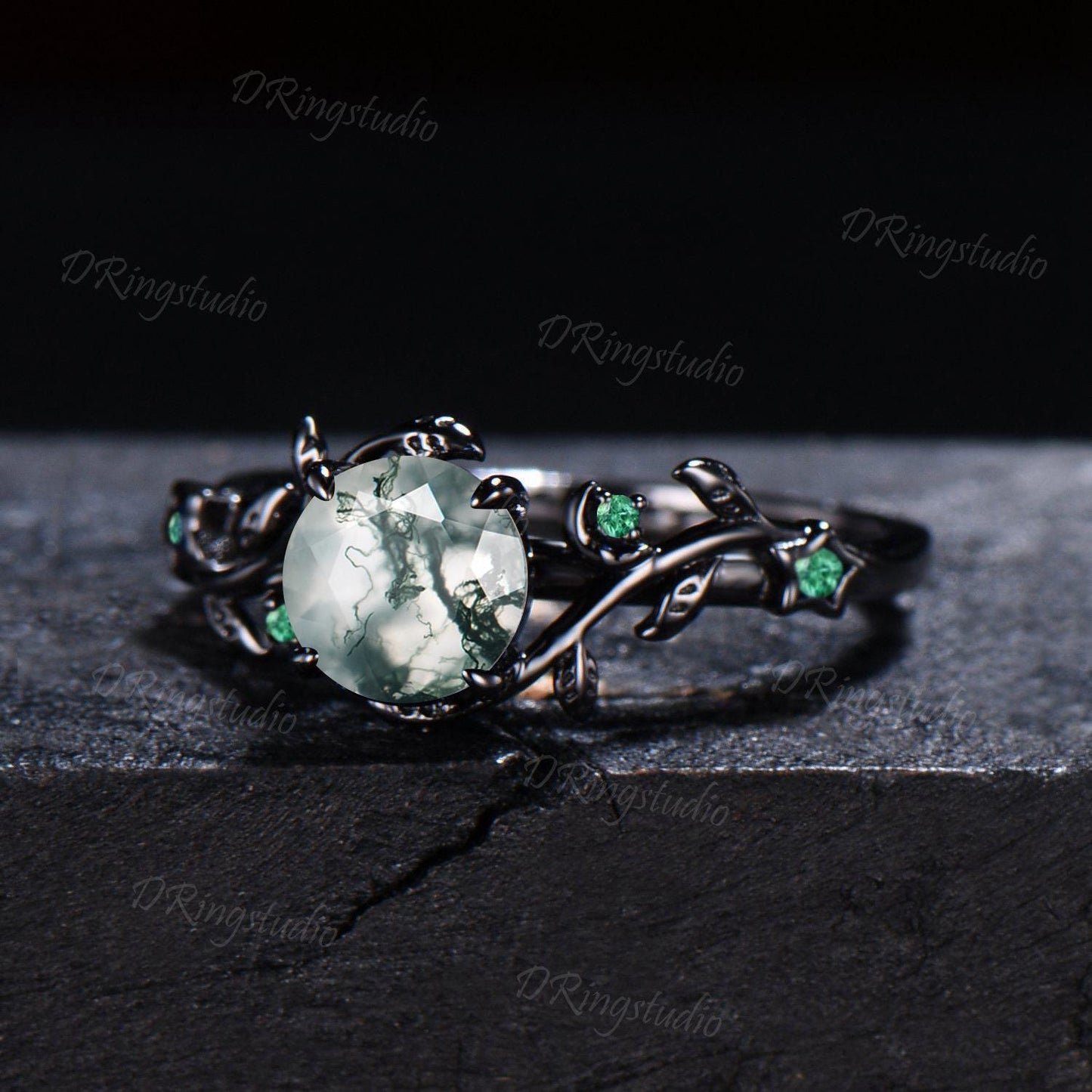 Black Gold Branch Leaf Ring Nature Inspired Round Moss Agate Engagement Ring Celestial Moon Natural Green Moss Wedding Ring Anniversary Gift