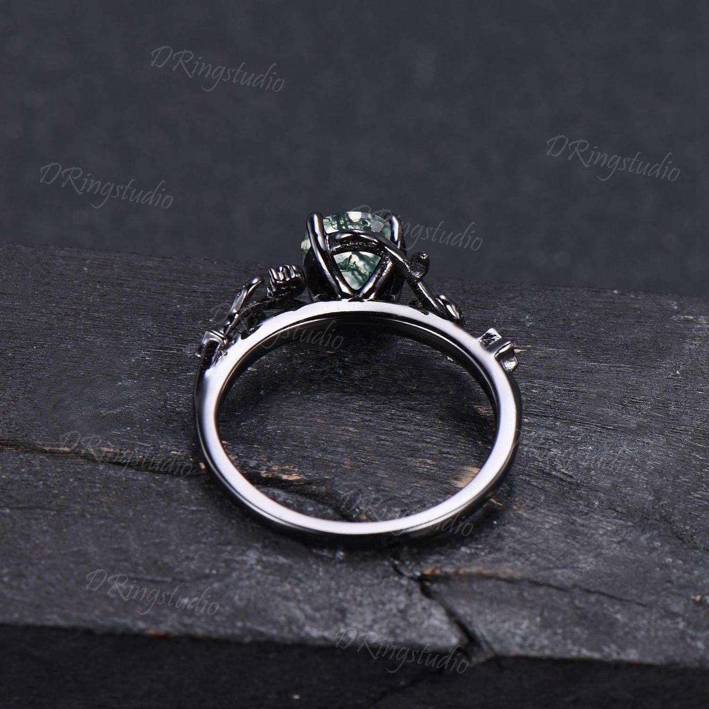 Black Gold Branch Leaf Ring Nature Inspired Round Moss Agate Engagement Ring Celestial Moon Natural Green Moss Wedding Ring Anniversary Gift