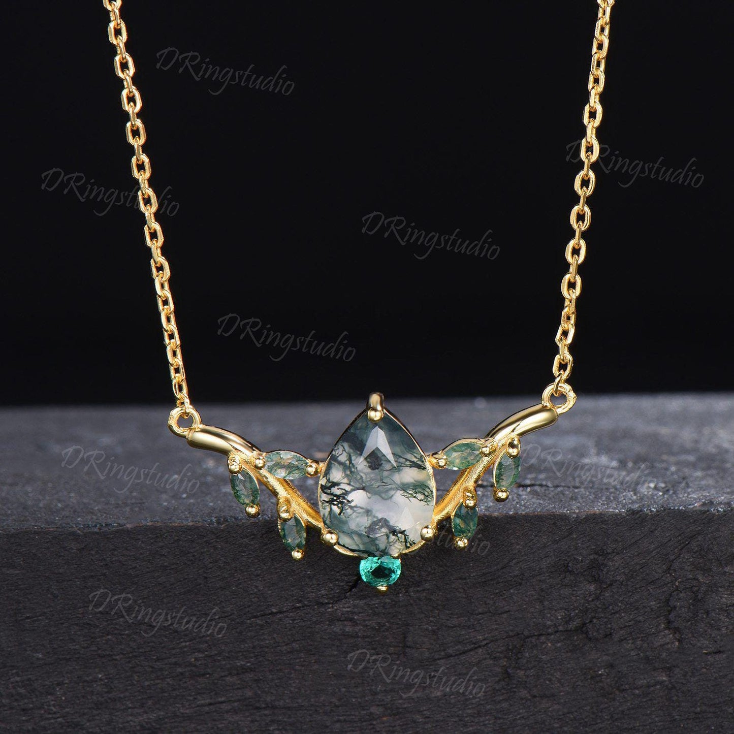 Art Deco Pear Cut Natural Moss Agate Necklace 14k Rose Gold Leaf Vine Pendant Unique Marquise Green Moss Emerald Necklace Wedding Women Gift