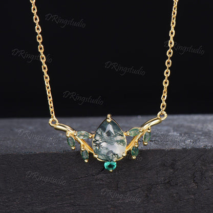 Art Deco Pear Cut Natural Moss Agate Necklace 14k Rose Gold Leaf Vine Pendant Unique Marquise Green Moss Emerald Necklace Wedding Women Gift