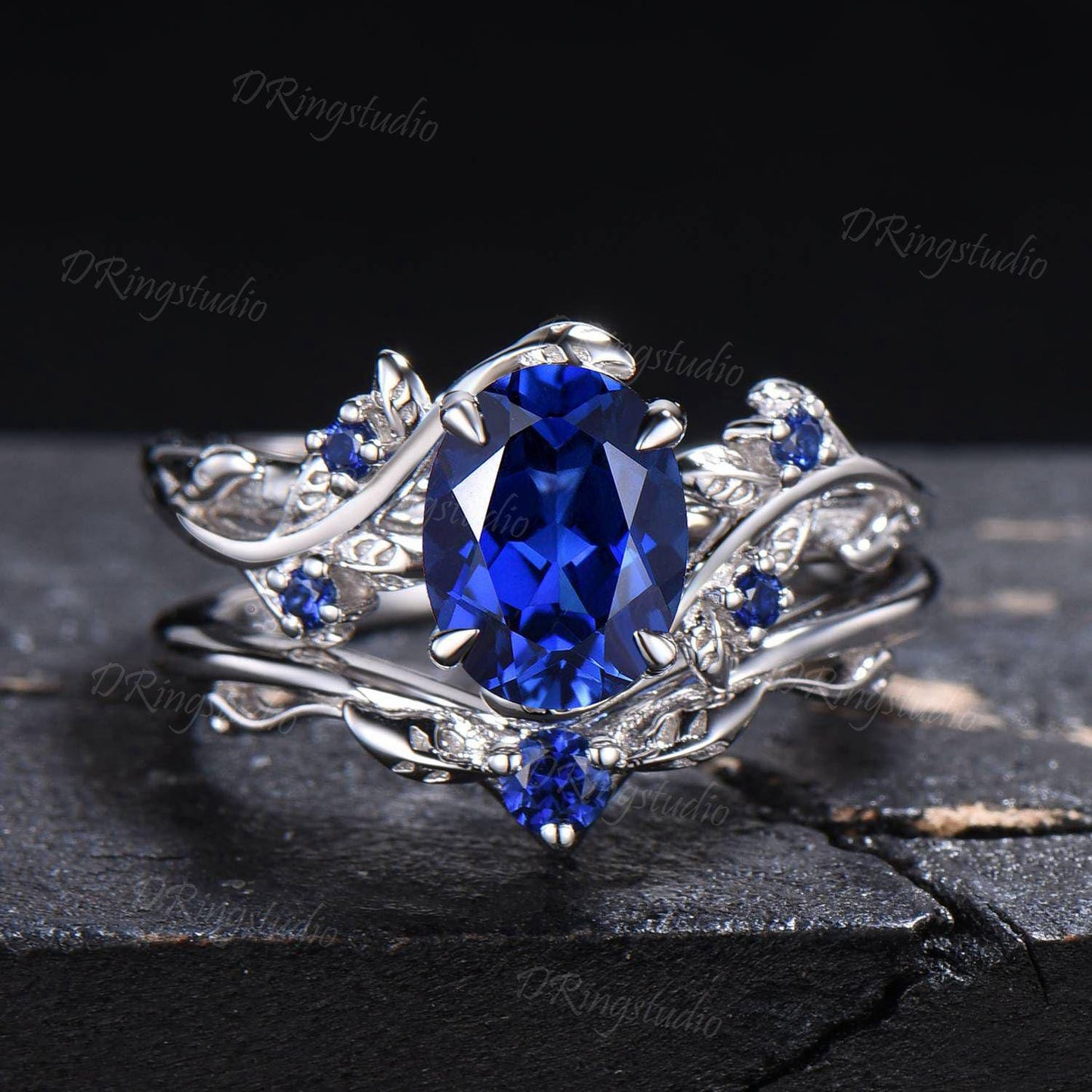 Nature Inspired 1.5ct Oval Cut Blue Sapphire Engagement Ring Black Gold Wedding Ring Twig Vine Sapphire Bridal Set September Birthstone Gift