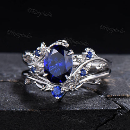 Nature Inspired 1.5ct Oval Cut Blue Sapphire Engagement Ring Black Gold Wedding Ring Twig Vine Sapphire Bridal Set September Birthstone Gift