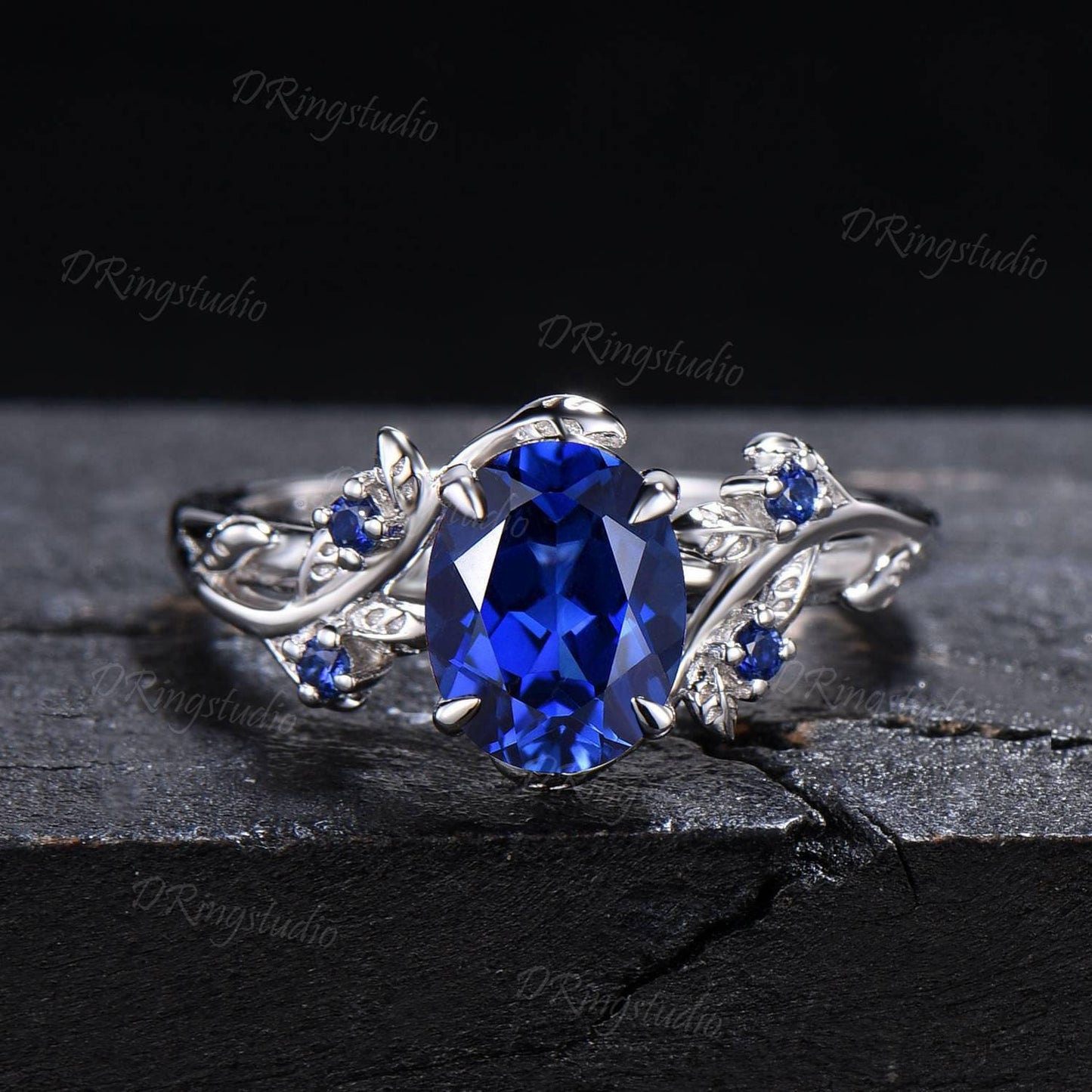 Nature Inspired 1.5ct Oval Cut Blue Sapphire Engagement Ring Black Gold Wedding Ring Twig Vine Sapphire Bridal Set September Birthstone Gift