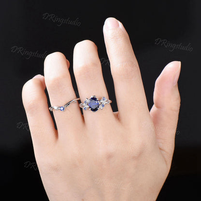 Nature Inspired 1.5ct Oval Cut Blue Sapphire Engagement Ring Black Gold Wedding Ring Twig Vine Sapphire Bridal Set September Birthstone Gift