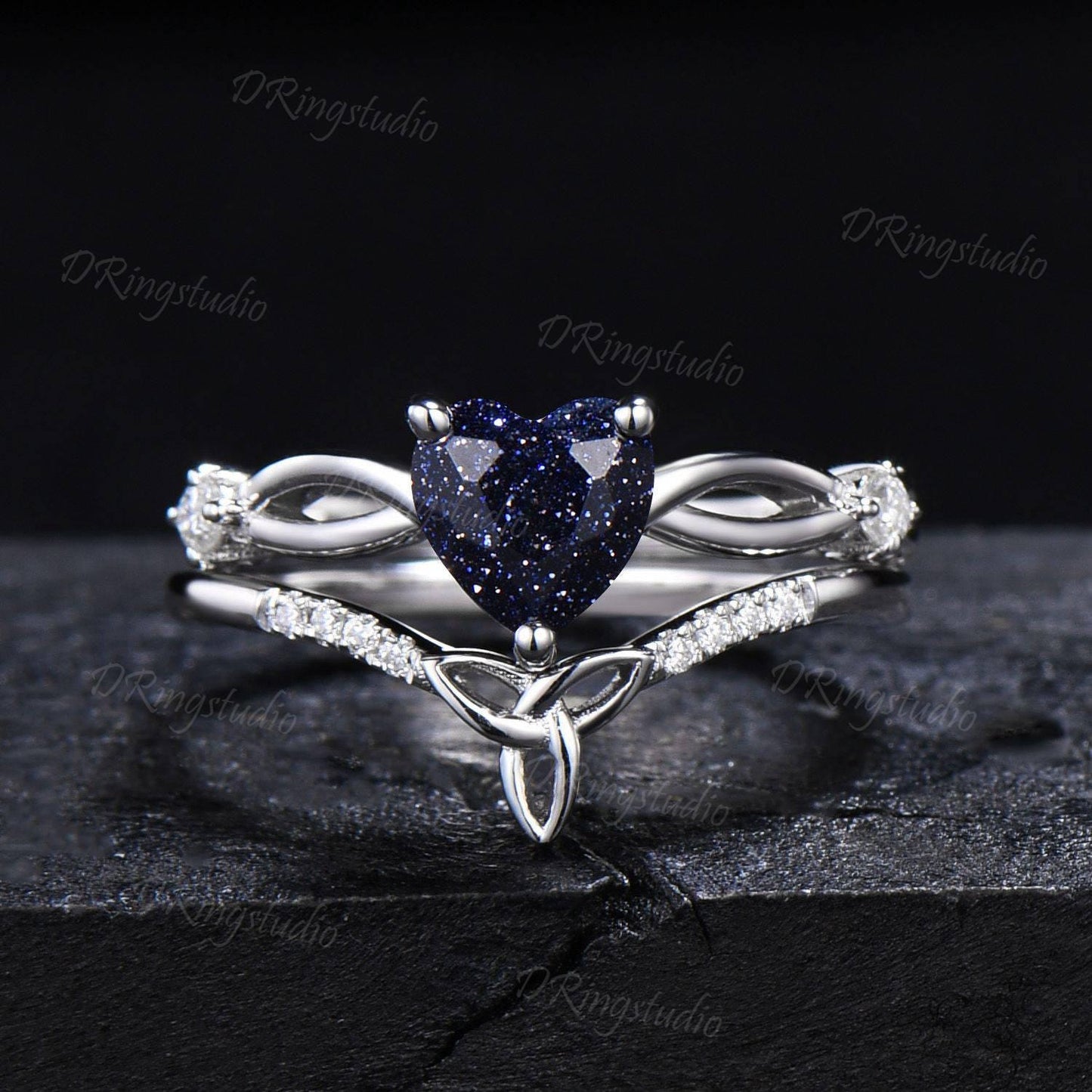 Unique Heart Shaped Blue Sandstone Engagement Ring Twist Shank Galaxy Sandstone Wedding Ring Set Celtic Knot Moissanite Ring Gift For Women