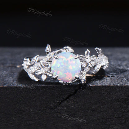 Nature Inspired Round Opal Engagement Ring White Gold Moissanite Floral Wedding Ring Leaf Branch Bridal Ring Set Promise Gift For fiancee