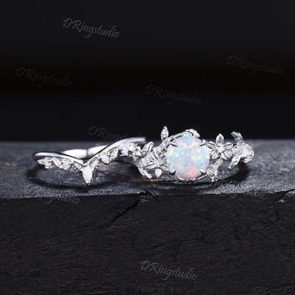 Nature Inspired Round Opal Engagement Ring White Gold Moissanite Floral Wedding Ring Leaf Branch Bridal Ring Set Promise Gift For fiancee