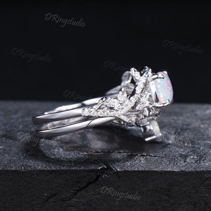 Nature Inspired Round Opal Engagement Ring White Gold Moissanite Floral Wedding Ring Leaf Branch Bridal Ring Set Promise Gift For fiancee