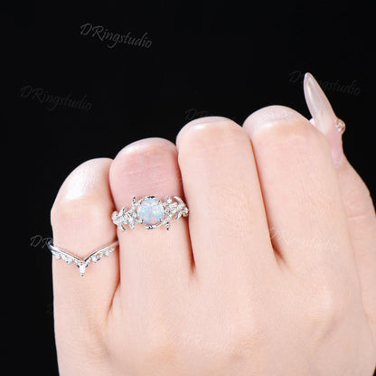 Nature Inspired Round Opal Engagement Ring White Gold Moissanite Floral Wedding Ring Leaf Branch Bridal Ring Set Promise Gift For fiancee