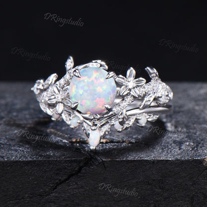 Nature Inspired Round Opal Engagement Ring White Gold Moissanite Floral Wedding Ring Leaf Branch Bridal Ring Set Promise Gift For fiancee