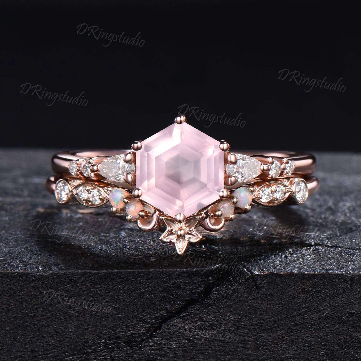 Vintage Hexagon Natural Rose Quartz Engagement Ring Rose Gold Floral Moissanite Wedding Ring Pink Crystal 7 Stone Ring Proposal Gift for Her