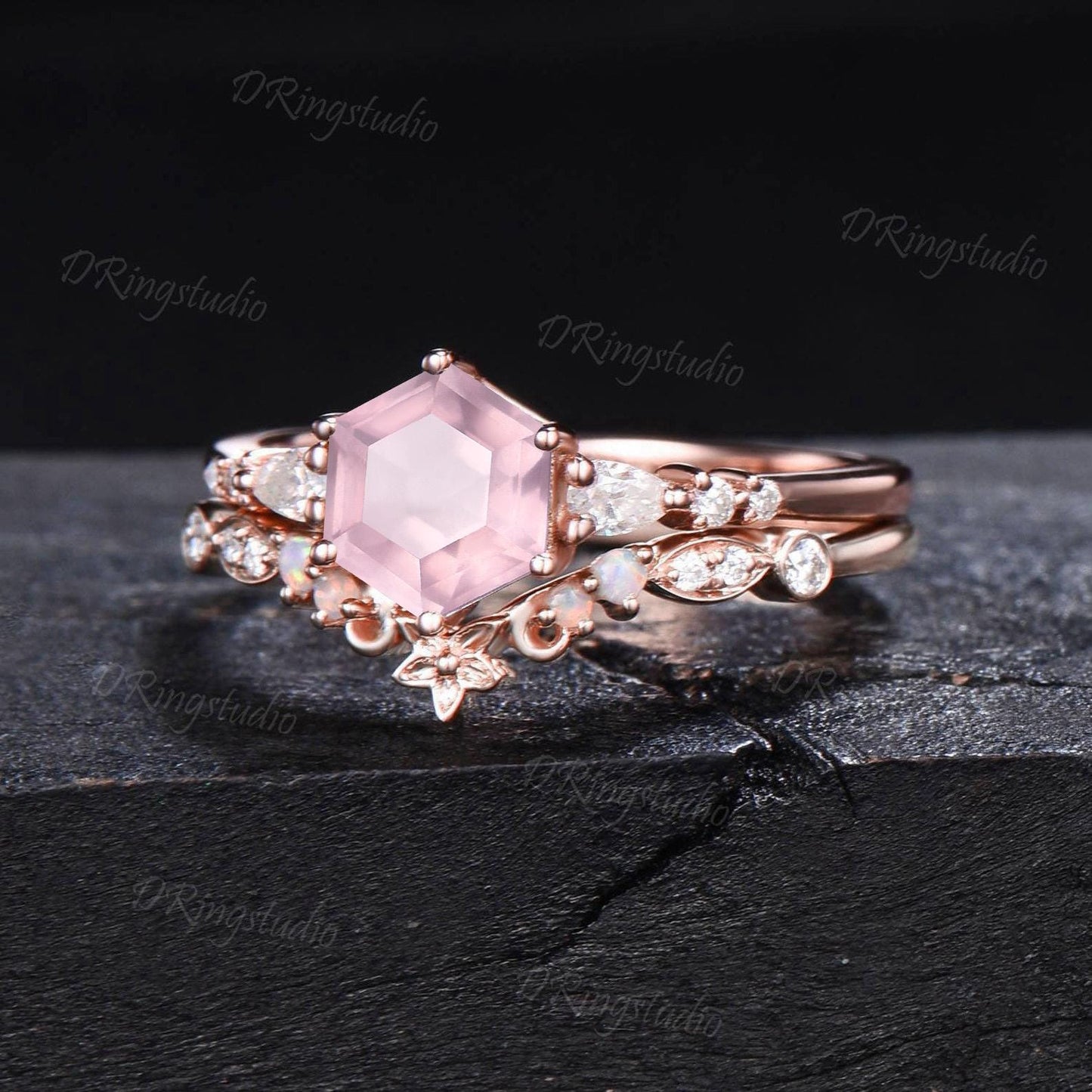 Vintage Hexagon Natural Rose Quartz Engagement Ring Rose Gold Floral Moissanite Wedding Ring Pink Crystal 7 Stone Ring Proposal Gift for Her