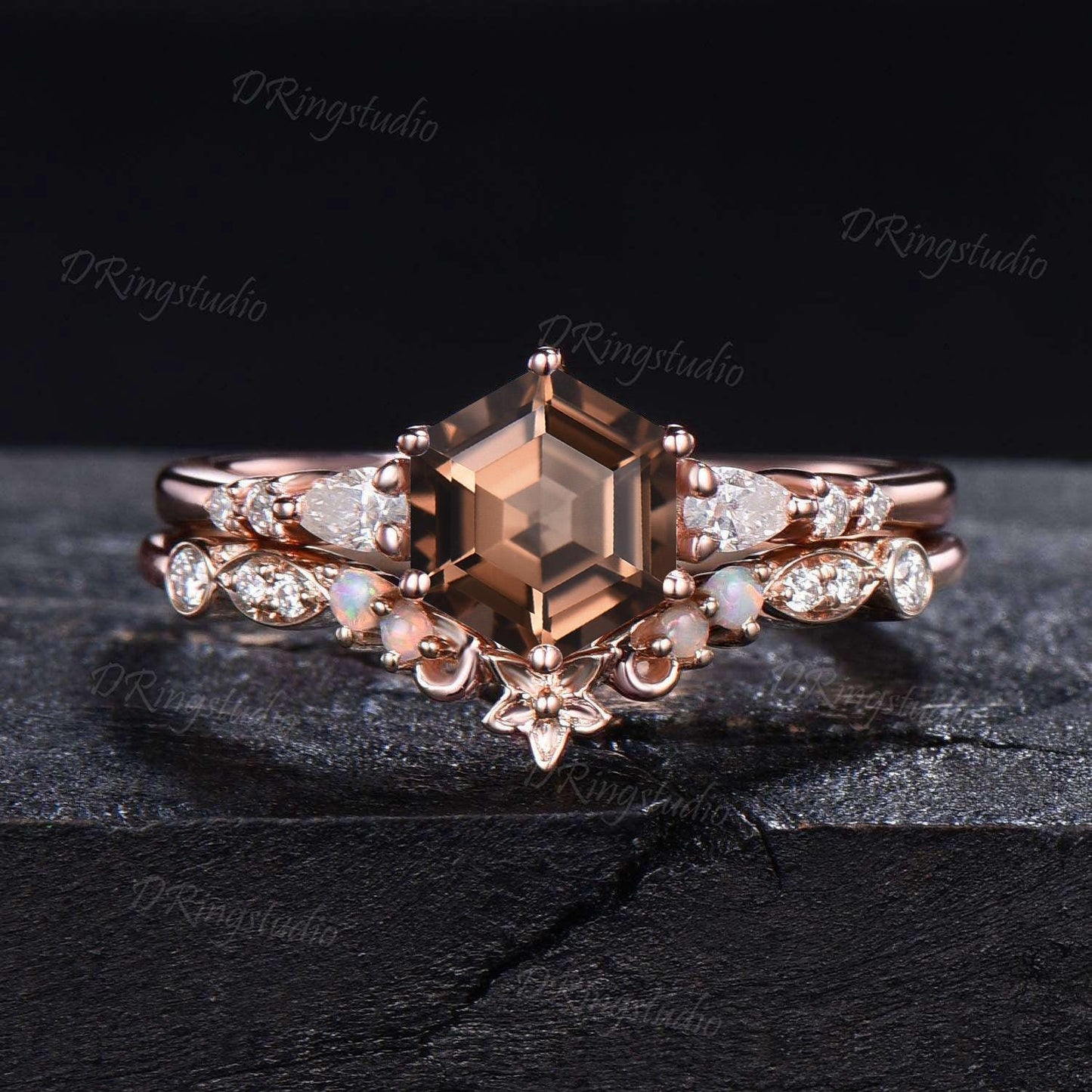 Unique Hexagon Cut Smoky Quartz Engagement Ring Cluster Opal Moissanite Bridal Set Rose Gold Brown Quartz Floral Wedding Ring Promise Gift