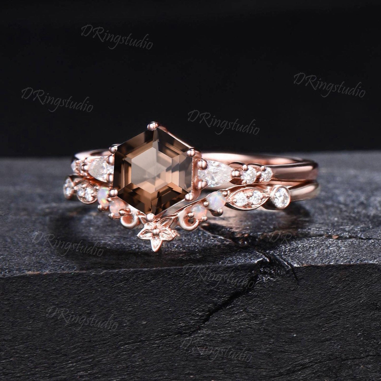 Unique Hexagon Cut Smoky Quartz Engagement Ring Cluster Opal Moissanite Bridal Set Rose Gold Brown Quartz Floral Wedding Ring Promise Gift