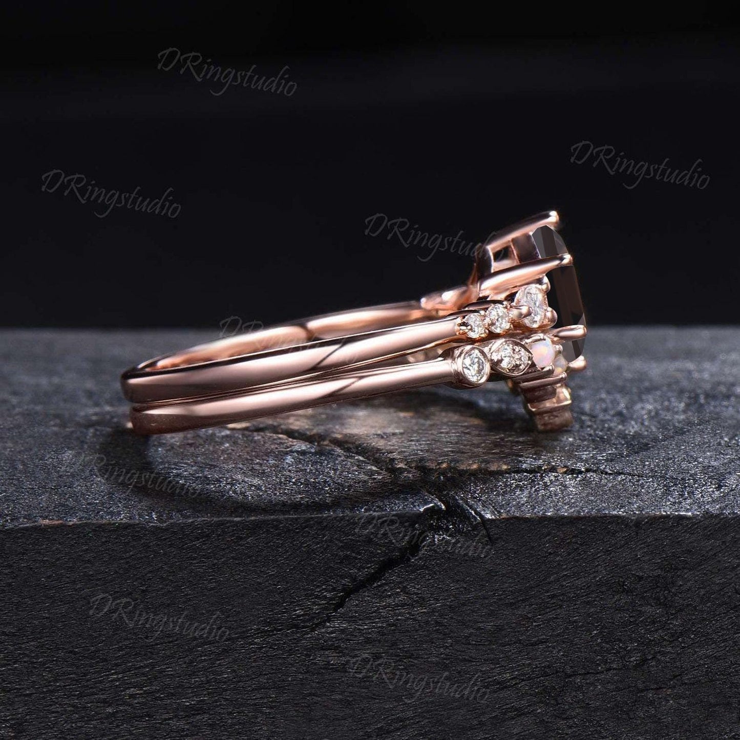 Unique Hexagon Cut Smoky Quartz Engagement Ring Cluster Opal Moissanite Bridal Set Rose Gold Brown Quartz Floral Wedding Ring Promise Gift