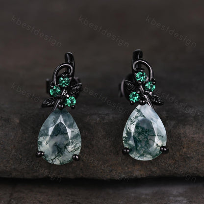 Nature inspired moss agate earrings women black gold earring studs teardrop earrings art deco green agate studs anniversary gift for her
