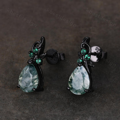 Nature inspired moss agate earrings women black gold earring studs teardrop earrings art deco green agate studs anniversary gift for her