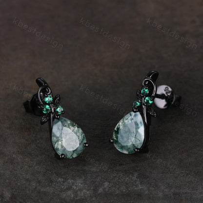 Nature inspired moss agate earrings women black gold earring studs teardrop earrings art deco green agate studs anniversary gift for her