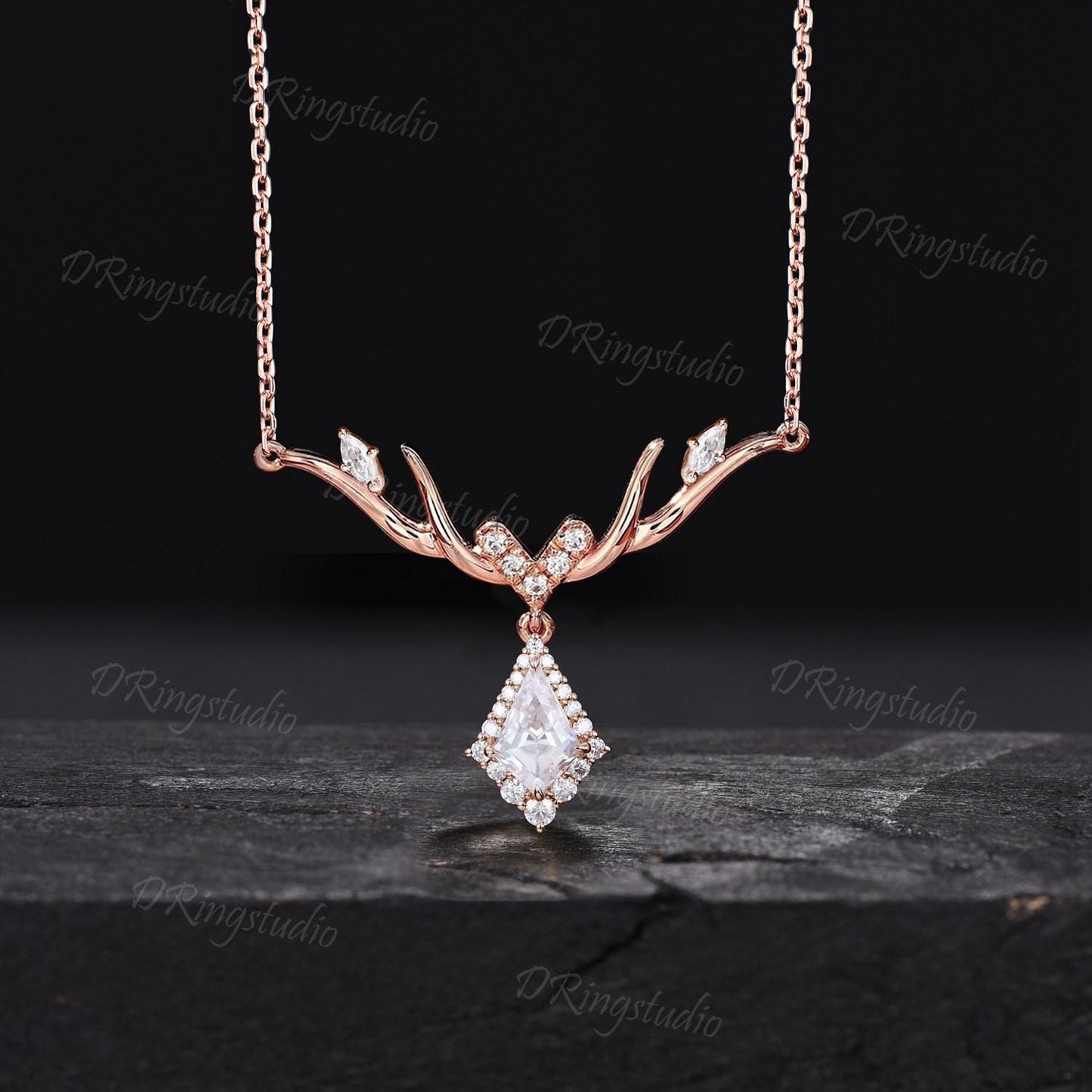 Unique Halo Diamond Necklace Reindeer Design Kite Cut Moissanite Pendant Necklace 14k Rose Gold Christmas Charm Winter Pendant Gift for Her