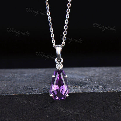 14k White Gold Natural Amethyst Diamond Necklace Coffin Cut Amethyst Wedding Necklace Purple Crystal Pendant February Birthstone Women Gift