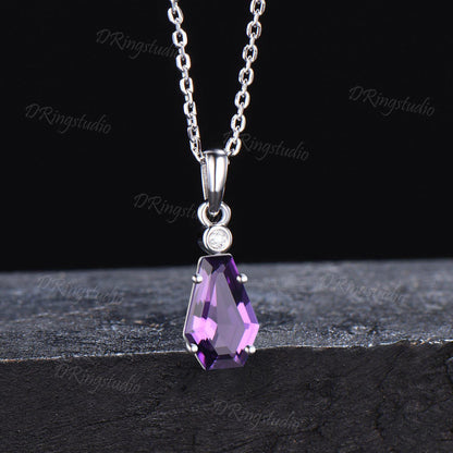 14k White Gold Natural Amethyst Diamond Necklace Coffin Cut Amethyst Wedding Necklace Purple Crystal Pendant February Birthstone Women Gift