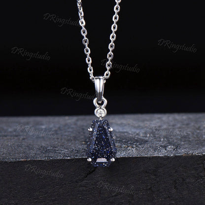 Unique Coffin Cut Galaxy Blue Sandstone Necklace Sterling Silver Starry Blue Goldstone Pendant Diamond Minimalist Necklace Anniversary Gift