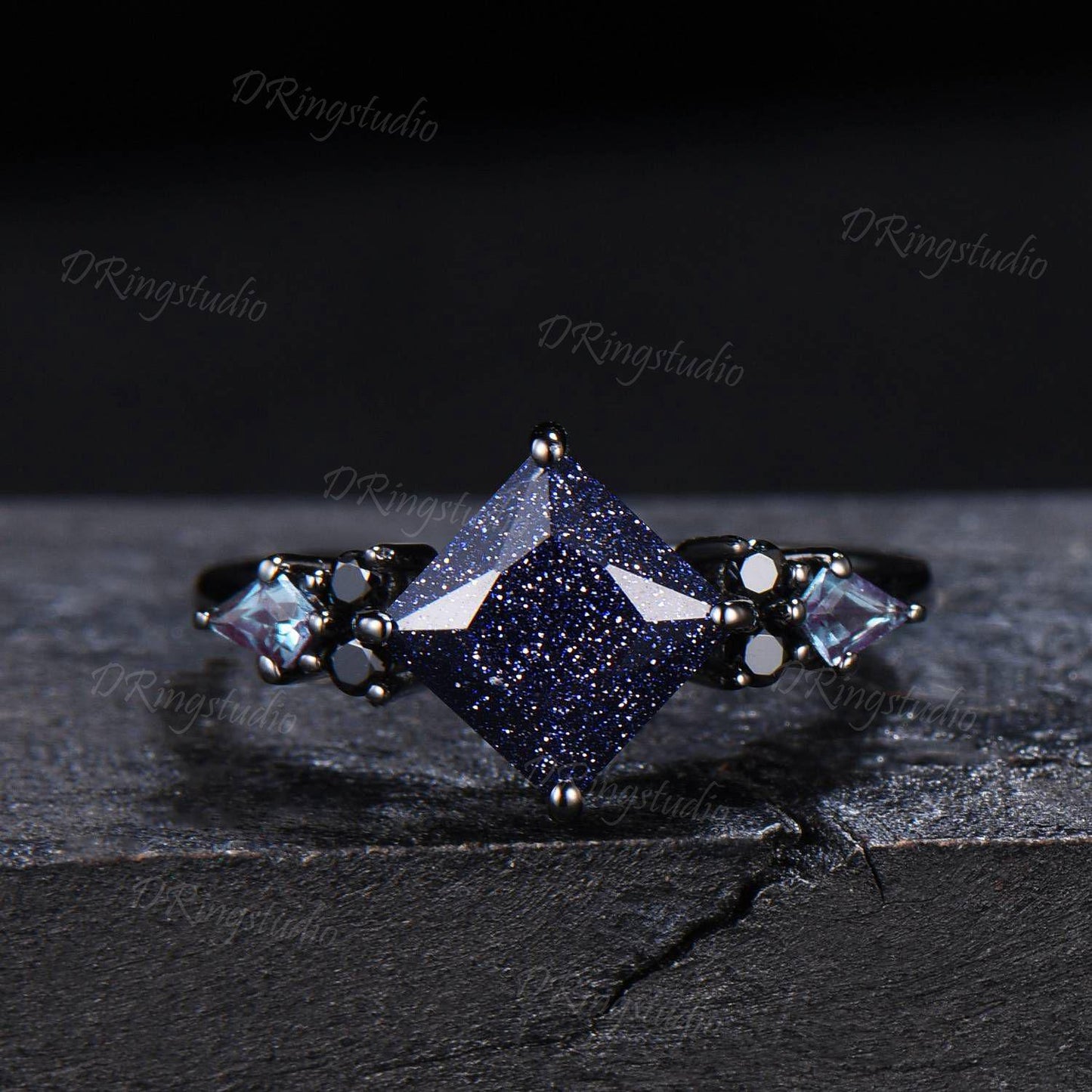 3pcs Starry Sky Blue Sandstone Ring Set Black Gold 2ct Princess Cut Galaxy Sandstone Engagement Ring Cluster Amethyst Black Wedding Ring Set