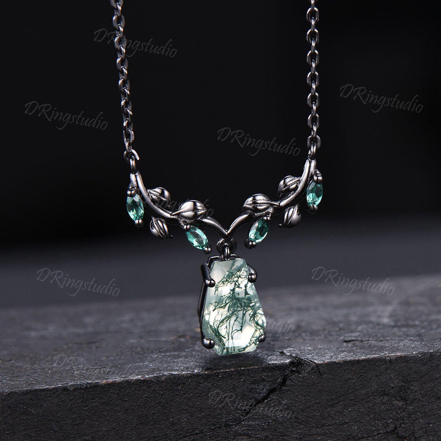 Unique Coffin Cut Natural Moss Agate Necklace Nature Inspired Twig Branch Emerald Pendant Gothic Black Gold Leaf Vine Necklace Wedding Gift