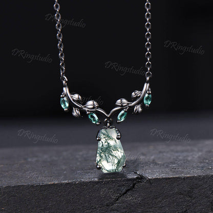 Unique Coffin Cut Natural Moss Agate Necklace Nature Inspired Twig Branch Emerald Pendant Gothic Black Gold Leaf Vine Necklace Wedding Gift