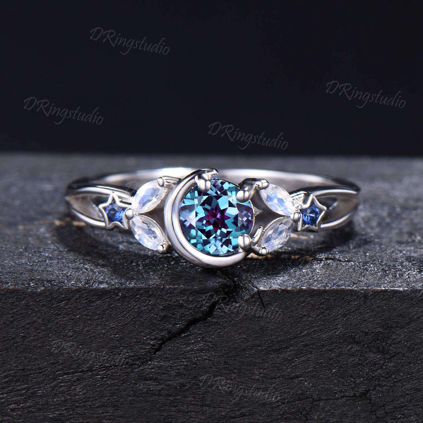 5mm Round Alexandrite Engagement Ring Unique Moon Star Moonstone Sapphire Wedding Ring Crescent Ring June Birthstone Anniversary Women Gifts