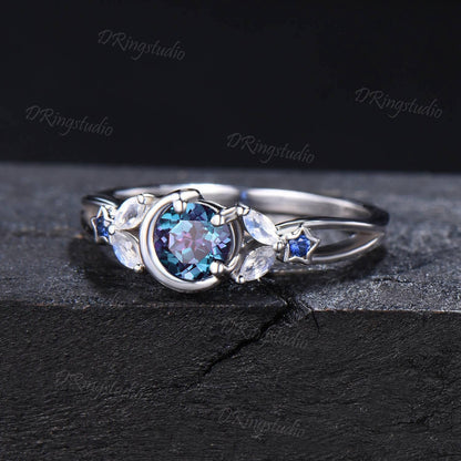 5mm Round Alexandrite Engagement Ring Unique Moon Star Moonstone Sapphire Wedding Ring Crescent Ring June Birthstone Anniversary Women Gifts