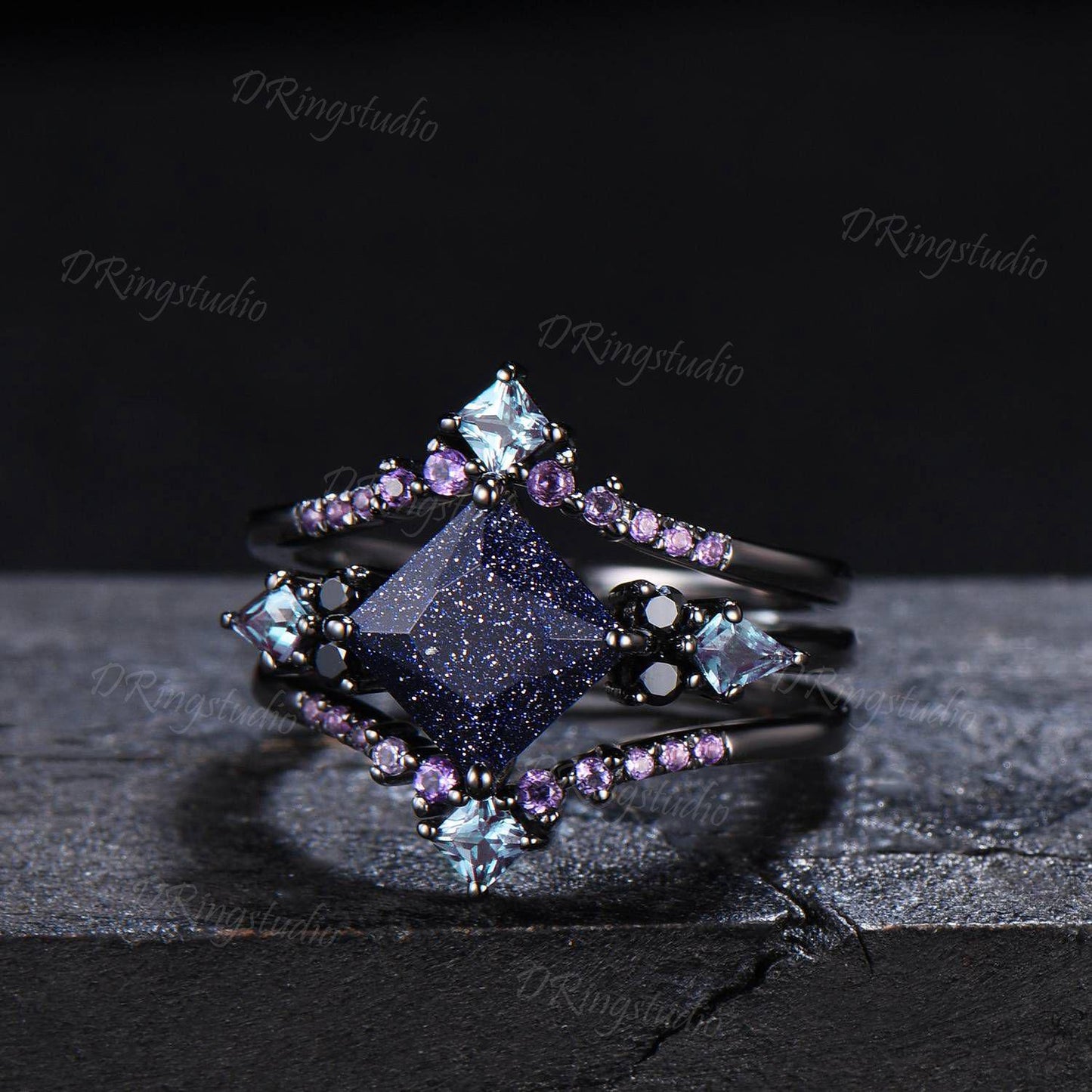 3pcs Starry Sky Blue Sandstone Ring Set Black Gold 2ct Princess Cut Galaxy Sandstone Engagement Ring Cluster Amethyst Black Wedding Ring Set