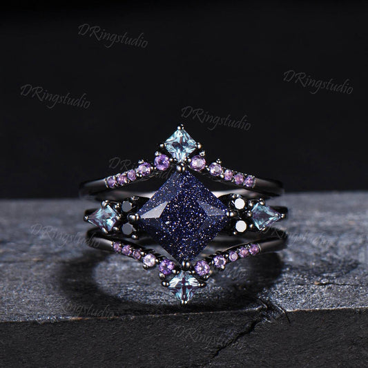 3pcs Starry Sky Blue Sandstone Ring Set Black Gold 2ct Princess Cut Galaxy Sandstone Engagement Ring Cluster Amethyst Black Wedding Ring Set